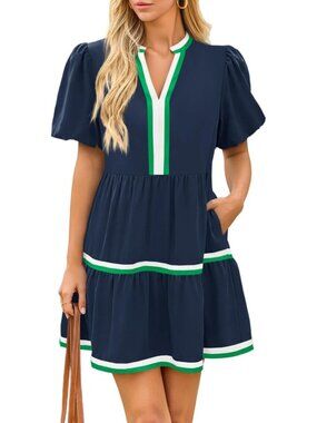 Women's Cute Navy Short Puff Sleeve V Neck Floral Casual Imported Mini Dress
